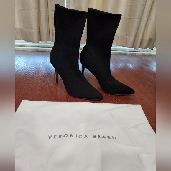 Veronica Beard Black Lisa Knit Sock Women's Boots Stretch Heeled Bootie